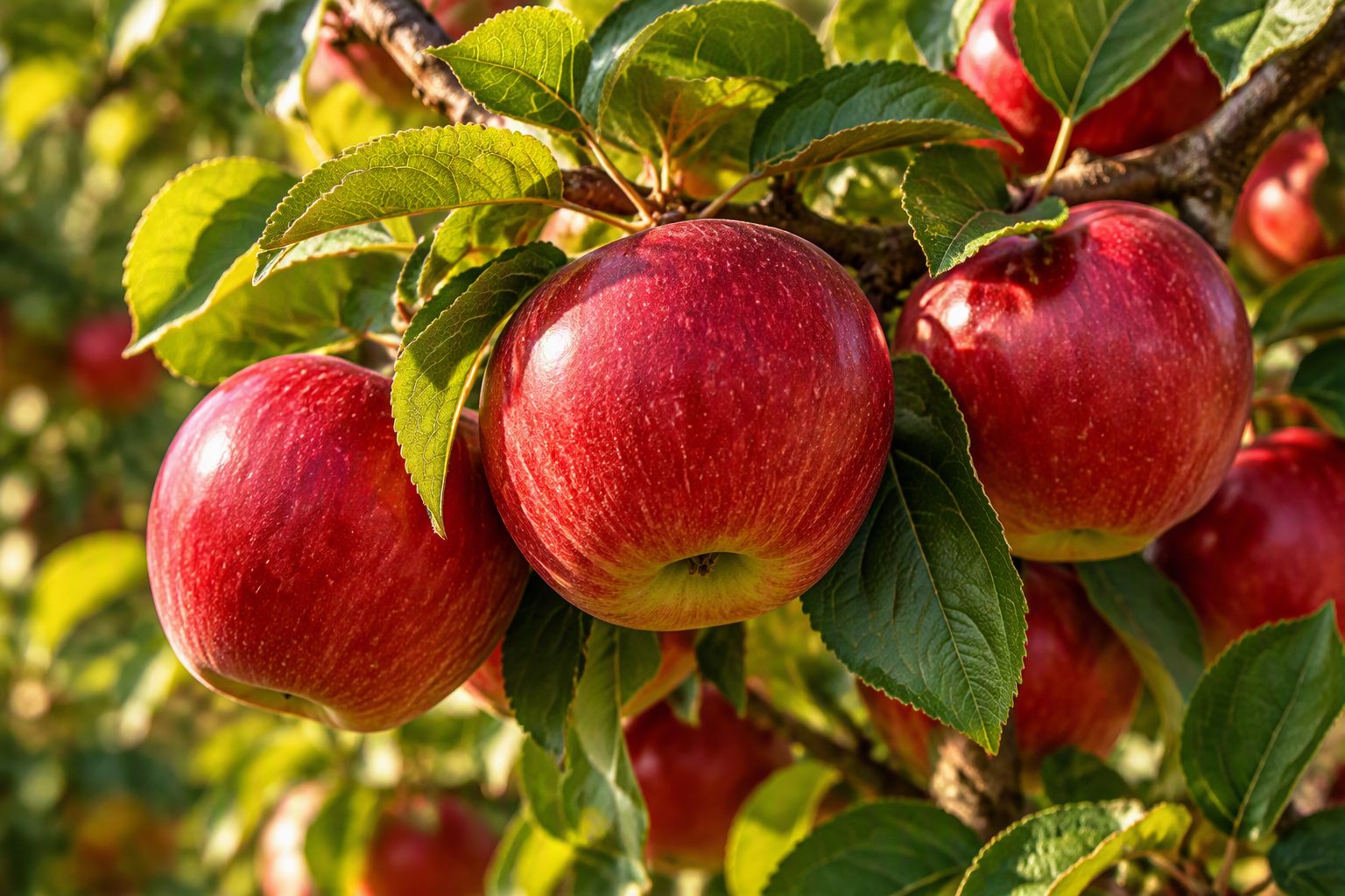 Ripe red apples on a branch
