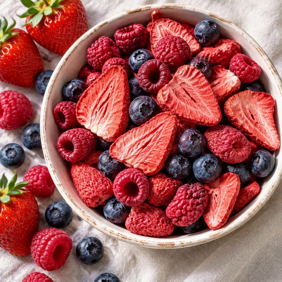 A bowl of freeze-dried strawberries, raspberries and blueberries