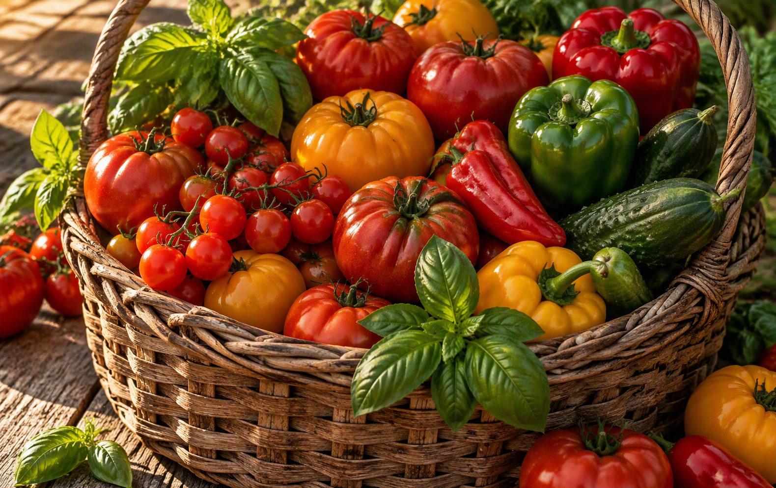 Crate of colorful heirloom tomatoes