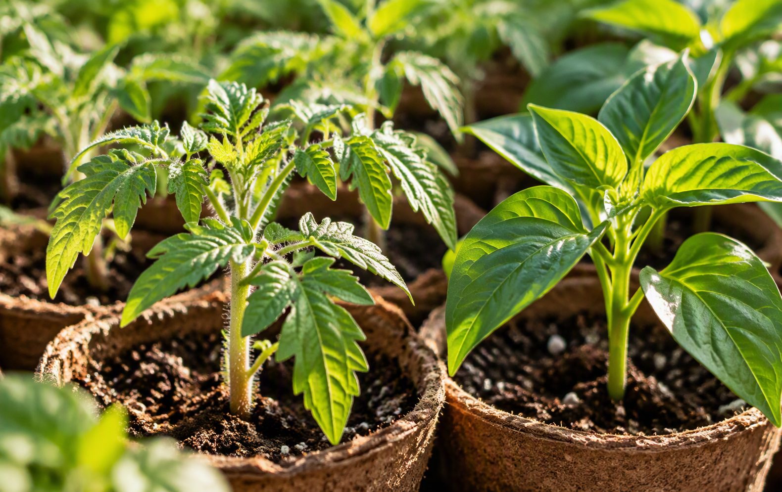 Trays of tomato, pepper and flower seedlings