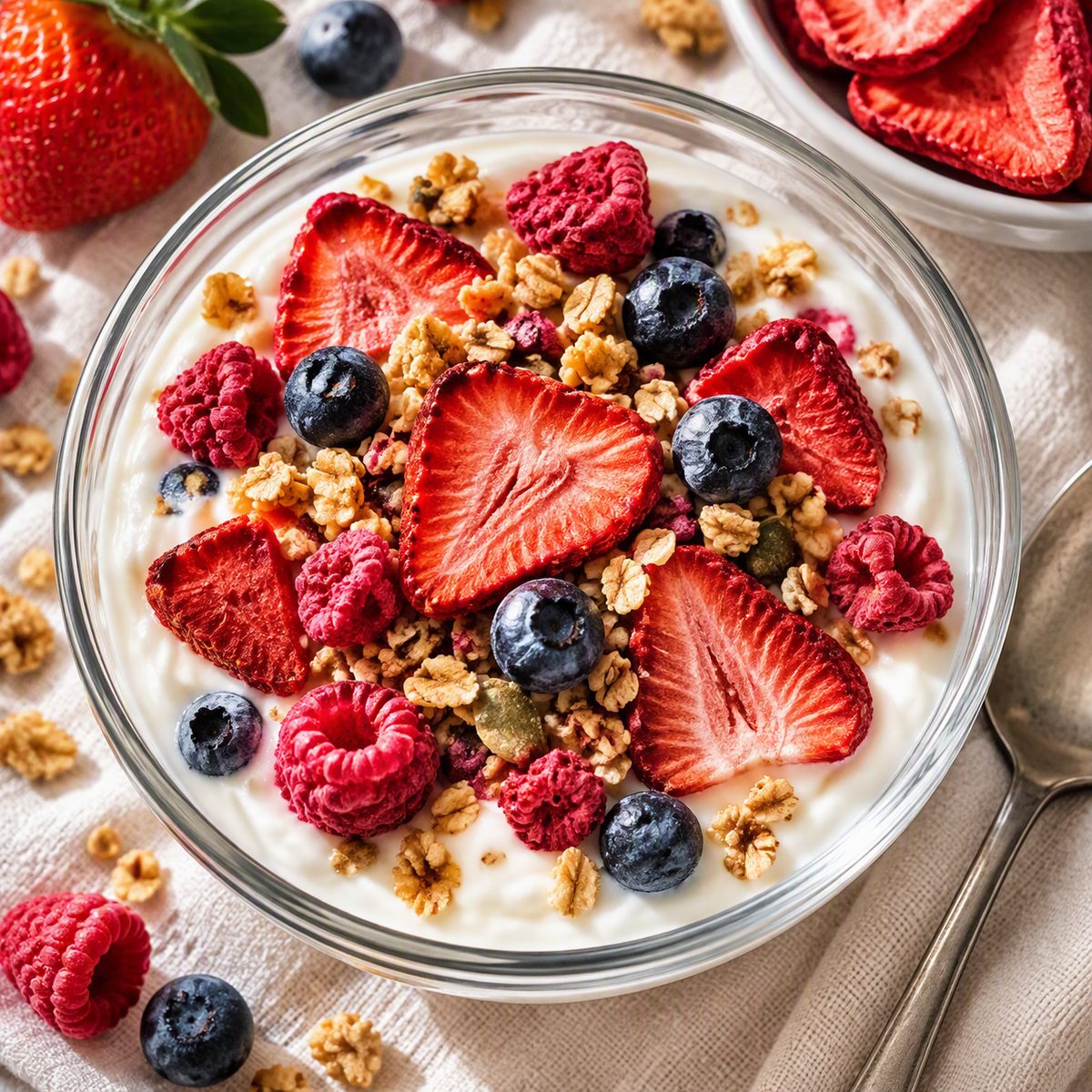 Yogurt topped with freeze-dried strawberries, raspberries and blueberries