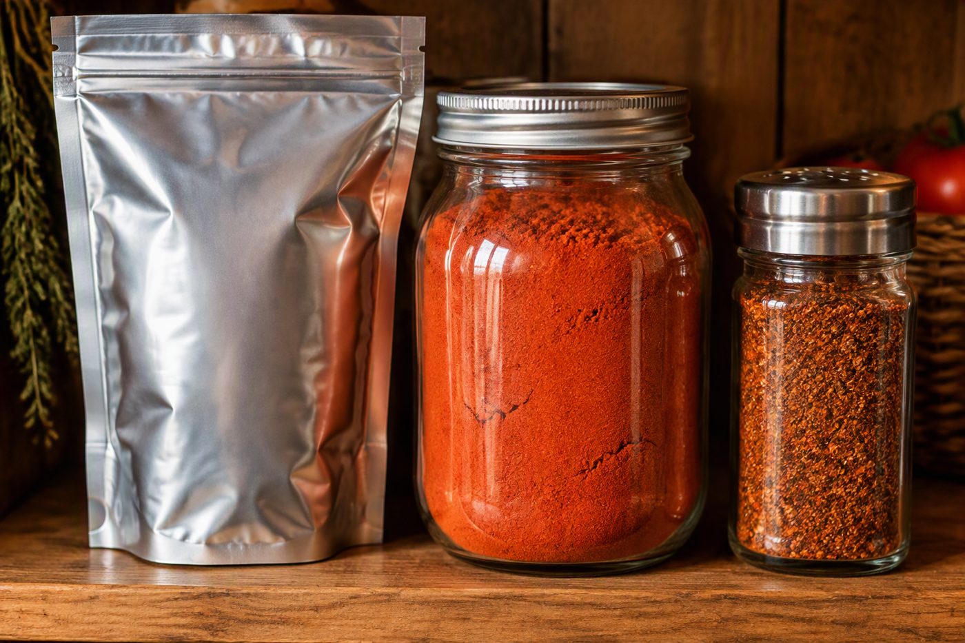 A foil pouch, a mason jar of tomato powder and a shaker jar of seasoning on a pantry shelf