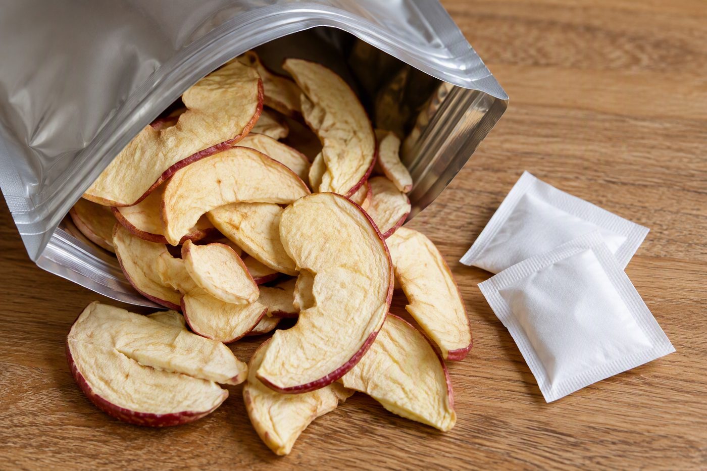Open pouch of freeze-dried apple slices beside two small unprinted packets