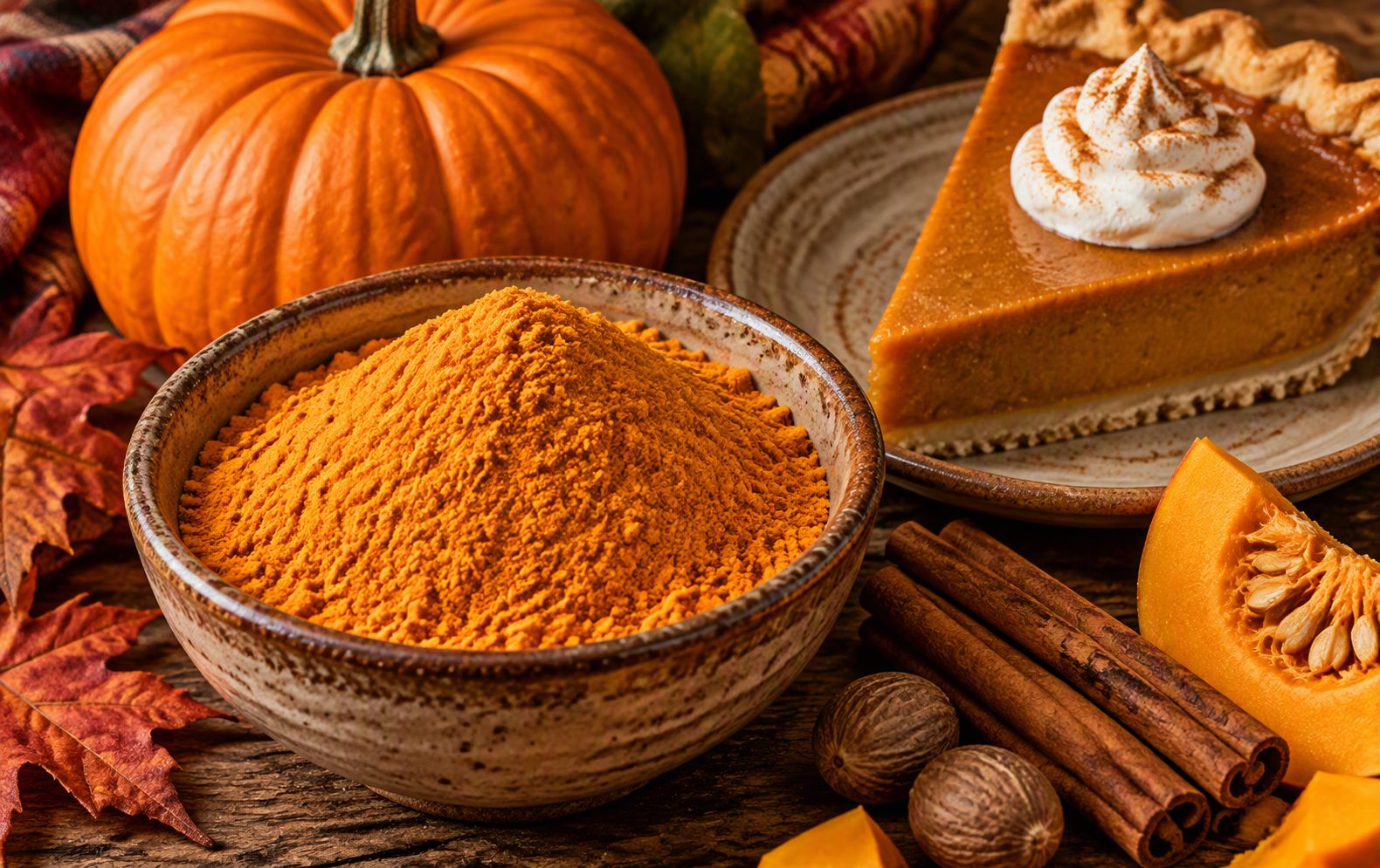Pumpkin powder beside a pumpkin and a slice of pie