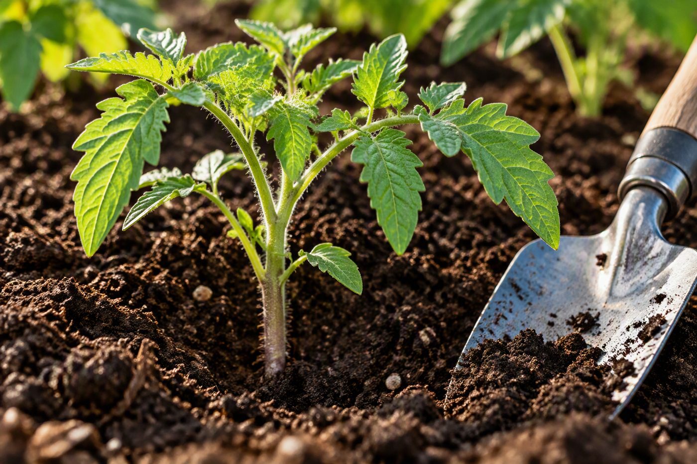 A young tomato seedling planted deep in dark soil beside a hand trowel